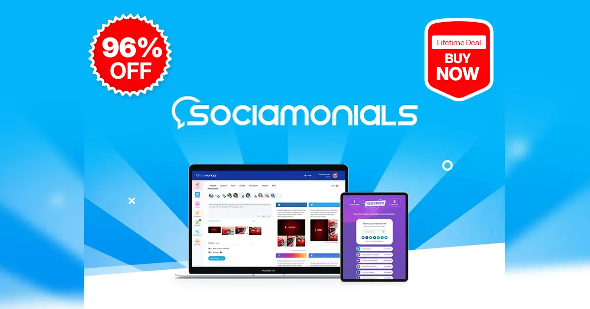 Sociamonials Lifetime Deal Review dashboard showing social media analytics and scheduling tools